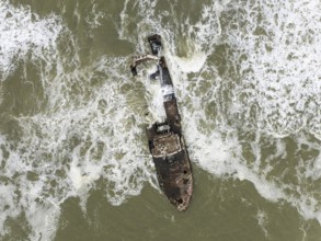 The Zeila shipwreck at the Skeleton Coast. Aerial view. Drone shot. Dorob National Park, Namibia