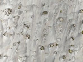 Small sand heaps form around the sparse vegetation in the Namib Desert. Aerial view. Drone shot.