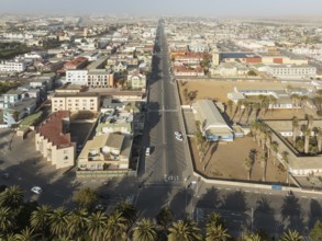 The coastal town of Swakopmund between Namib Desert and Atlantic Ocean. Aerial view. Namibia