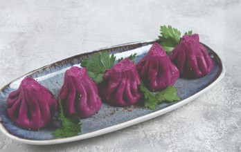 Beetroot khinkali, mini khinkali, purple, Georgian cuisine, no people