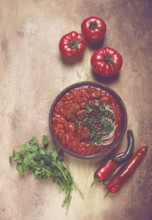 Chashushuli, a traditional Georgian dish, spicy, stewed meat with tomatoes and spices, homemade, no