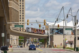 Detroit, Michigan - The Detroit People Mover, a three-mile elevated train that circles downtown.