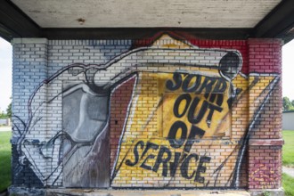 Saginaw, Michigan - A mural on a former gas station announces that gasoline is not available