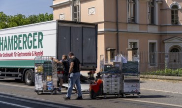 Pallets with food delivery, lorry, Potsdam, Brandenburg, Germany