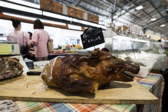 Market stall with meat, market hall, Marche Provencal, Antibes, Provence Alpes Côte d'Azur, South