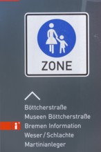 Info sign for various sights, Böttcherstrasse, cultural monuments in the historic city centre,