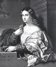 Bella Donna, beautiful woman, portrait, steel engraving after a painting by Titian, Historic,