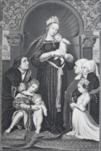 The Madonna with the family of Mayor Meyer, steel engraving after a painting by Hans Holbein the