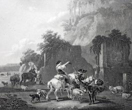 Rural scene with a farmer on horseback, a donkey and sheep, cows and dogs, Steel engraving after a