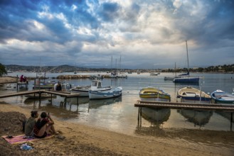 Beach and colourful boats, Plage de I'Olivette, Cap d'Antibes, Antibes, Provence Alpes Côte d'Azur,