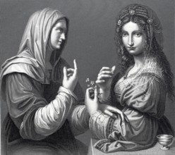 Modesty and vanity, two opposing woman, steel engraving after a painting by Da Vinci, historical,