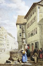 The Ketschengasse with fountain in 1841, Coburg, Upper Franconia, Bavaria, Germany, Historical,