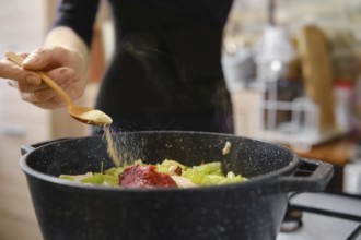 A person is adding spices to a pot filled with chopped vegetables and meat. The kitchen is warm and