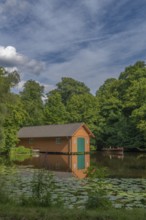 Boathouse at the Meiereisee in the Bürgerpark dating from 1866, passenger ship Marie, round trip,