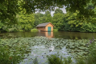 Boathouse at Meiereisee in Bürgerpark from 1866, landscape park with rivers and lakes, garden