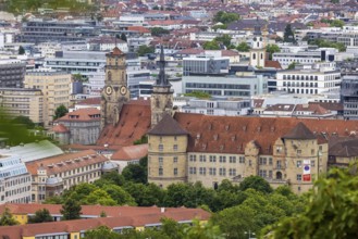 View of the state capital with collegiate church and Altes Schloss. Stuttgart, Baden-Württemberg,
