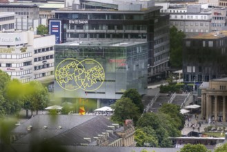 View of the state capital with Schlossplatz and art museum. Stuttgart, Baden-Württemberg, Germany