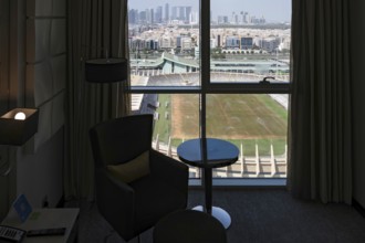 Hotel room with a view of the Al Nahyan Stadium and skyline, Abu Dhabi, United Arab Emirates