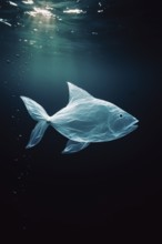 Plastic bag in the shape of a fish, swimming realistically in the open ocean, with air bubbles in