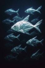 Plastic bags in the shape of several fish, realistically swimming in the open ocean, surrounded by