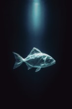 Plastic bag in the shape of a fish, realistically swimming in the open ocean, dark dramatic