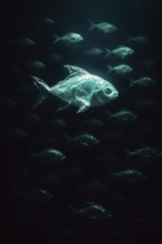 Plastic bag in the shape of a fish in the foreground, several fish surrounding it, swimming
