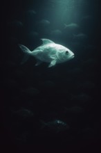 Plastic bag in the shape of a fish, swimming realistically in the open ocean, with hinted air
