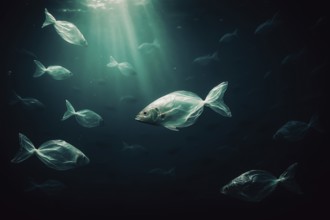 Plastic bags in the shape of several fish, swimming realistically in the open ocean, a few air
