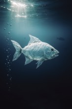 Plastic bag in the shape of a fish, realistically floating in the open ocean, with air bubbles in