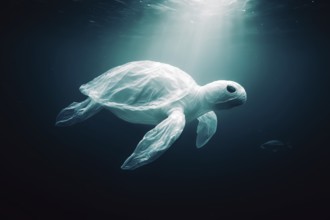 Plastic bag in the shape of a turtle, floating, in the background a fish-shaped plastic bag, dark