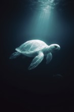 Plastic bag in the shape of a turtle, photorealistically floating in the open ocean, dramatic light
