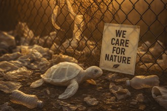 Plastic bag in the shape of a turtle, on the ground in front of a metal fence with rubbish lying