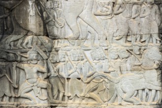 Stone bas-reliefs, Khmer war campaign against the Cham, relief wall, east façade, Bayon temple,