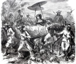 Wilhelmina Mac-Slane in a palanquin, sedan chair, with her entourage, c. 1875, digitally enhanced