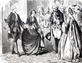 The Chevalier leads the lady into the hall with outstretched arm, 1870, distinguished society,