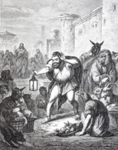 Aesop seeks a man, 1880, from Aesop's Fables, a collection of fables by Aesop, a deformed slave and