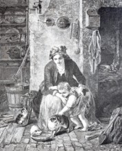 Child and cats, child wants to stroke the cat, the mother holds it, family scene from a farmhouse
