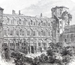 The faÃ§ade of the Otto Heinrich House in Heidelberg, around 1870, Germany, digitally enhanced