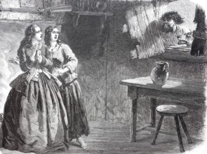 Two young woman are frightened because a man with a wolf is looking in through the window, 1875,