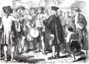 A mayor, an official in charge of the legal system, reads a proclamation to the people, 1870,