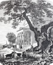 Chapel near Trons, Disentis in the canton of GraubÃ¼nden, 1876, in front of it an ancient maple