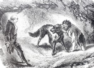 Elegant man meets a derelict hermit with a pet wolf in the forest, 1875, Novel illustration,