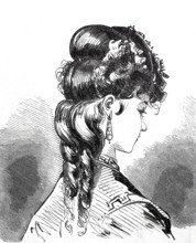 Women's heads, hairstyles and headgear around 1860, dress a la Watteau, wadding, rococo,