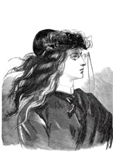 Women's heads, hairstyles and headgear around 1860, hairstyle a la madness, worn by Scottish and