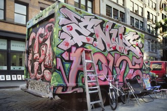 Truck completely sprayed with graffiti, Manhattan, New York City. USA