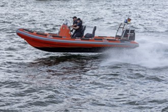 Police boat flies over water, Kieler Woche, Kieler Förde, Kiel, Schleswig-Holstein, Germany
