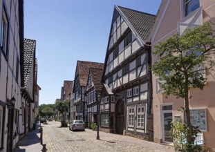 BÃ¤ckerstraÃŸe in the historic old town centre of Rinteln. Lower Saxony, Germany