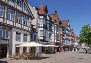 Half-timbered houses on Weserstrasse in the historic old town of Rinteln. Lower Saxony, Germany