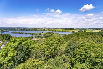 View from the Parnass Tower of Lake Trammer See near Plön, Schleswig-Holstein, Germany