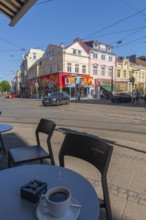 Ostertorsteinweg shopping street in the Ostertor district, car traffic, tram tracks, bicycles, wide
